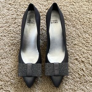 Stuart Weitzman Pewter Satin Heels with Sparkling Bow, Size 8.5